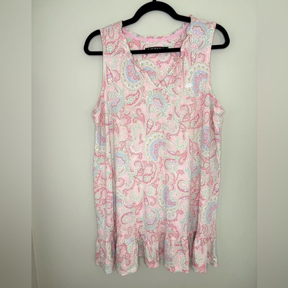 Lauren Ralph Lauren Pink Paisley Sleeveless Ruffle Hem Top L
